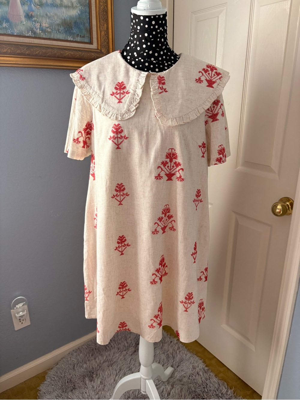 Solitaire Cream Linen Dress with Red Floral Motif and Ruffled Peter Pan Collar